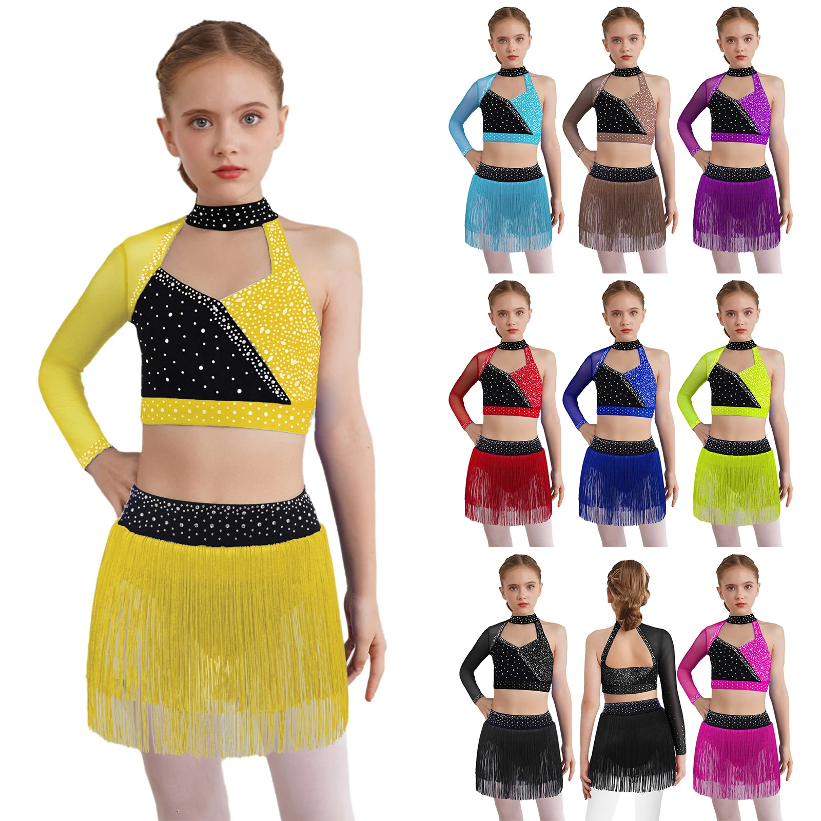 أطفال بنات الباليه اللاتينية الرقص مجموعات راقصة الباليه أداء زي واحد الكتف شير شبكة الراين المحاصيل الأعلى مع توتو تنورة #2