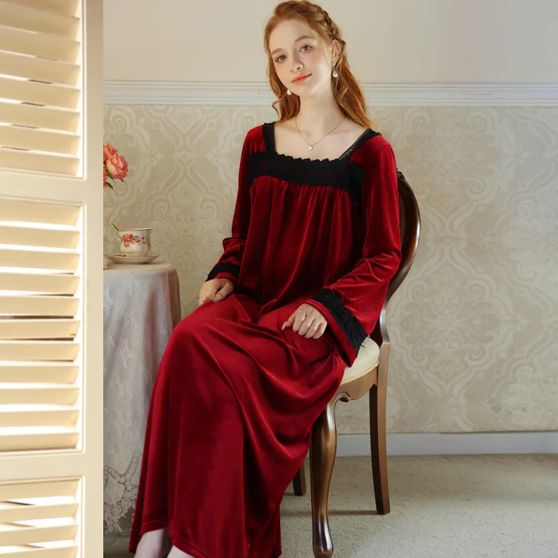 Winter Vintage Princess Velvet Long Night Dress Velour Retro Royal Nightwear Square Collar Sleepwear Nightgowns for Women