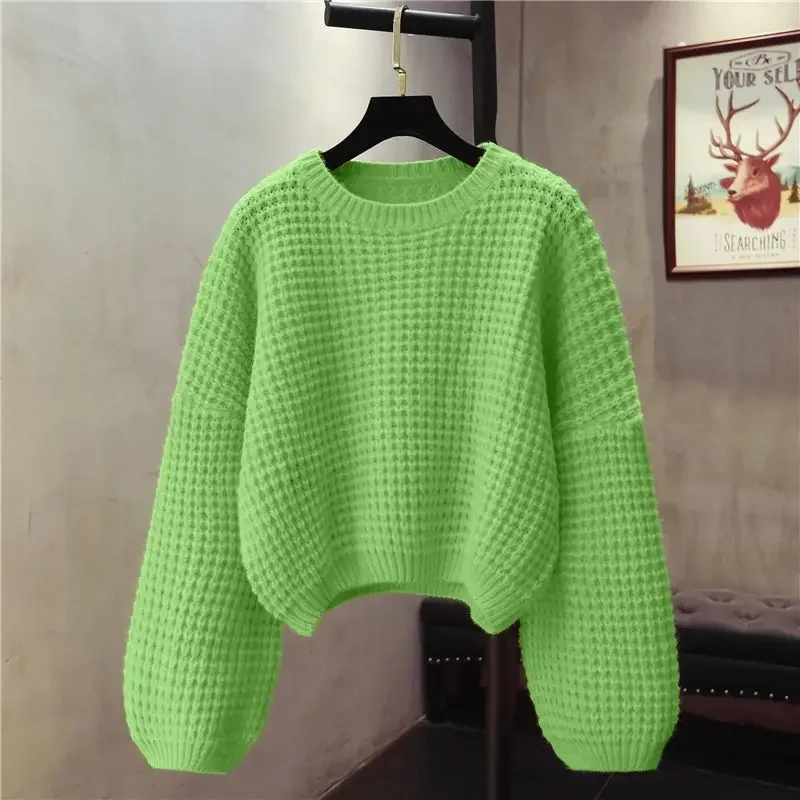 2024 New Autumn/Winter Women's Pullover Sweater Sweet Candy Color Loose Fit Outerwear Cropped Knit Wool Top Lazy Style