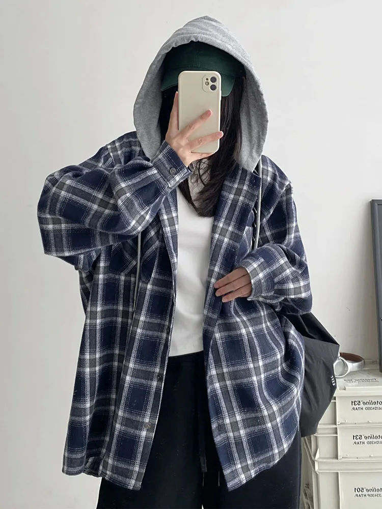 

Рубашки с капюшоном «ленивый ветер», женские винтажные клетчатые лоскутные свободные повседневные блузки на пуговицах, корейские ретро консервативные мешковатые весенне-осенние топы