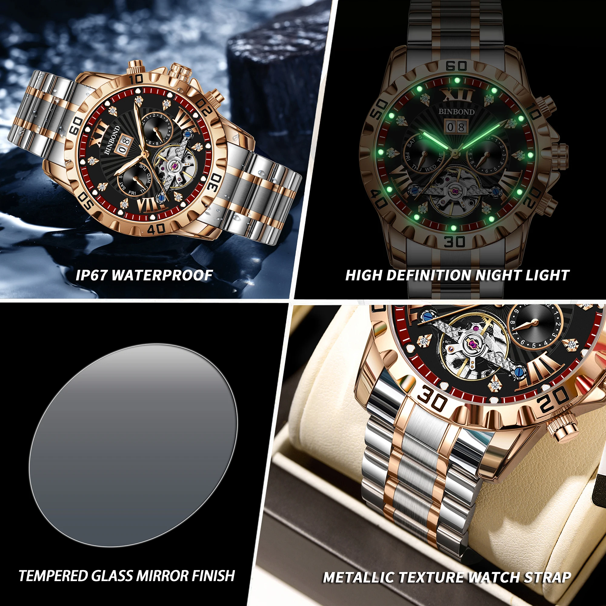 BINBOND Orginal Luminous Waterproof Men's Watch Auto Date Reloj Automatic Tourbillon Mechanical Wristwatches For Men Luxury view 6