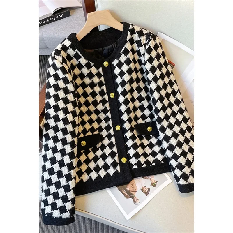 Plaid Langarm Mode Woll mantel neue Frauen Herbst Winter loses Temperament Rundhals ausschnitt kurze Wolle Oberbekleidung weibliche Tops