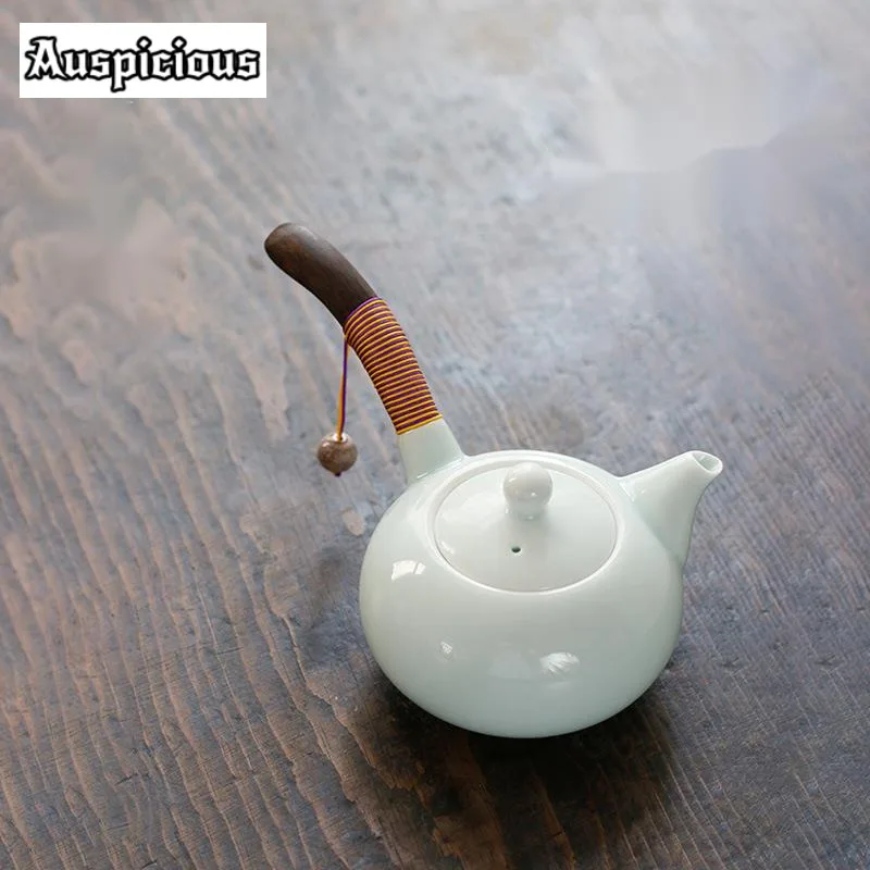 200ml Shadow Green Celadon Side Handle Teapot Vintage Pot Household Tea Making Kettle with Filter Dahongpao Tea Ceremony Gift