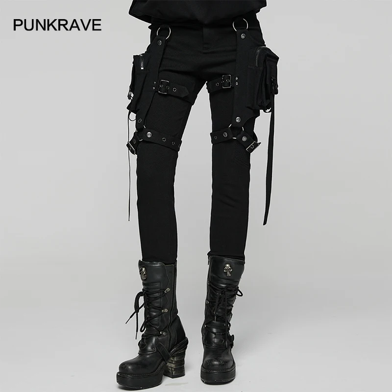 

PUNK RAVE Women's Punk Detachable 3d Leg Pockets Practicality Leggings Mesh Splicing Enriches Visual Personalized Dark Trousers