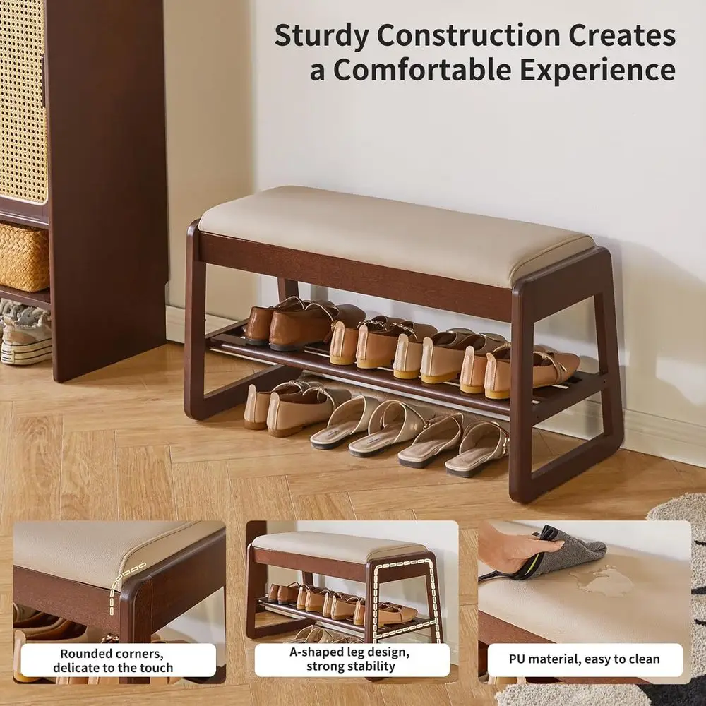 Walnut 2-Tier Shoe Bench with Cushion and Flip-Top Storage for Entryway and Hallway