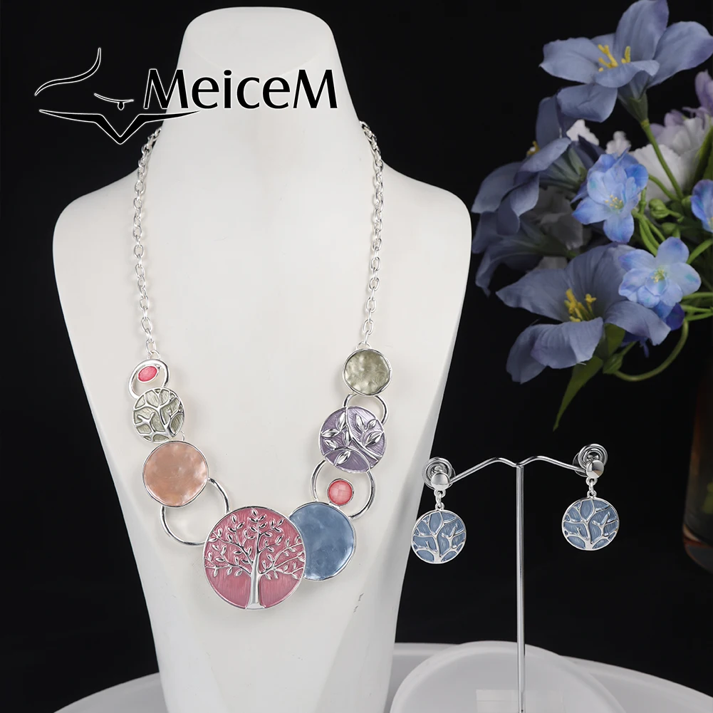 MeiceM Tree of Life Necklaces Ornaments Jewelry Fashion New Designer Blue Enamel Chain Choker Necklace for Women Girlfriend 2022