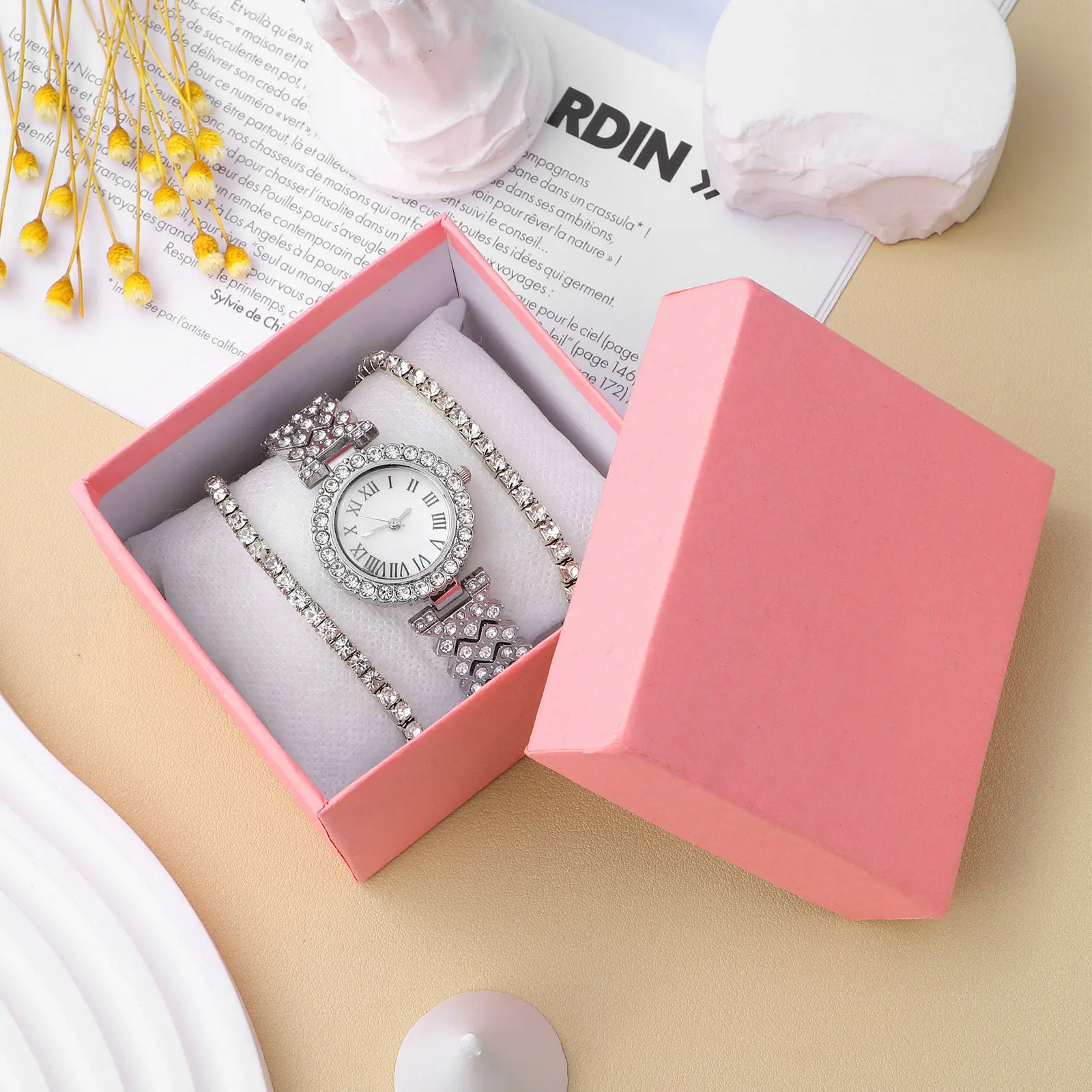 

2Pcs Rhinestone Bracelet Watch Set Quartz Movement Stylish Lady Watches Lightweight Diamond Watch for Women Fashion Accessory