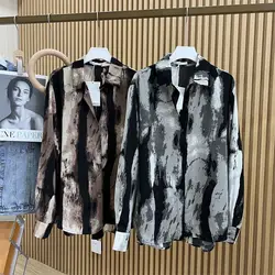 2023 New Spring and Autumn Casual Lapel Button Retro Hong Kong Feng Shui Ink Tie Dyed Gradient Long Sleeved Women's Shirt