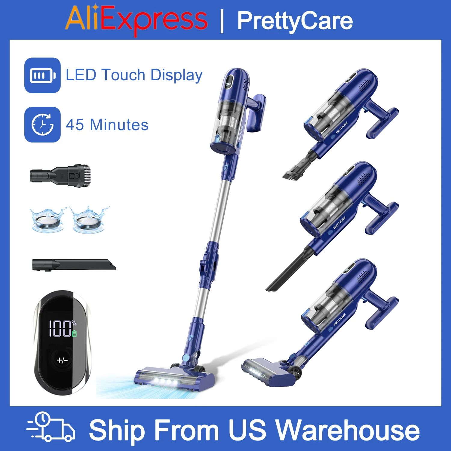 PrettyCare P1 Cordless Vacuum Cleaner 45 Mins 28Kpa Powerful Stick Vacuum with Brushless Motor LED Touch Display