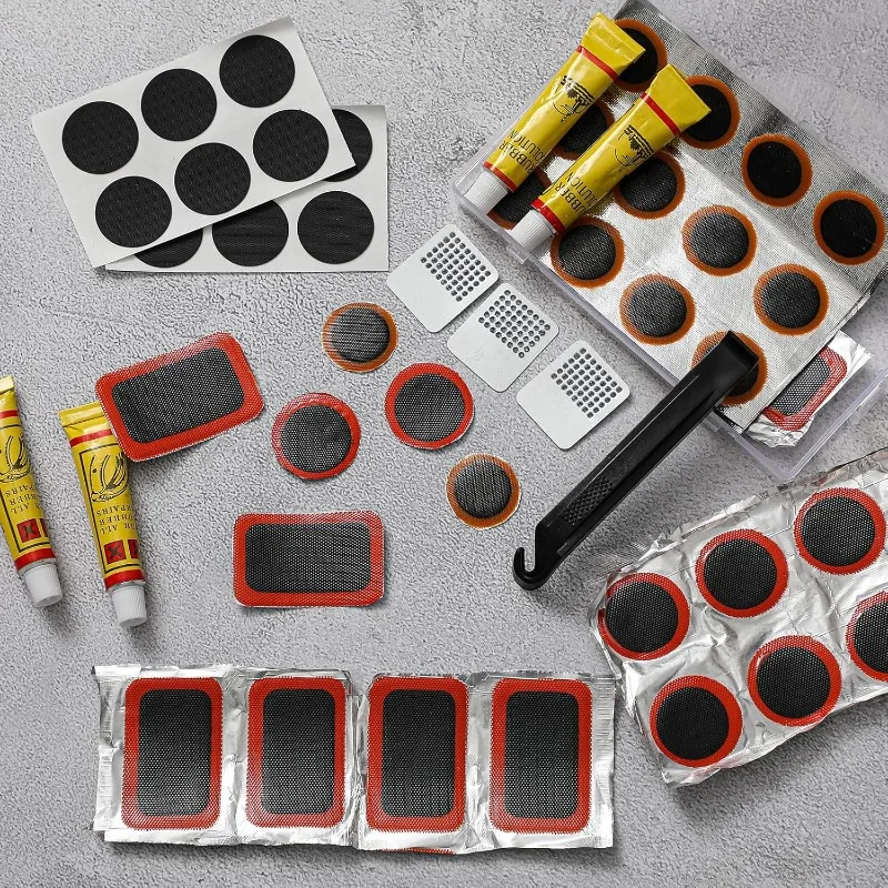 Portable Bike Tyre Repair Kit Vulcanising Pre-Glued Patches Metal Rasp Fluid for Road Mountain Cycling Motorcycle