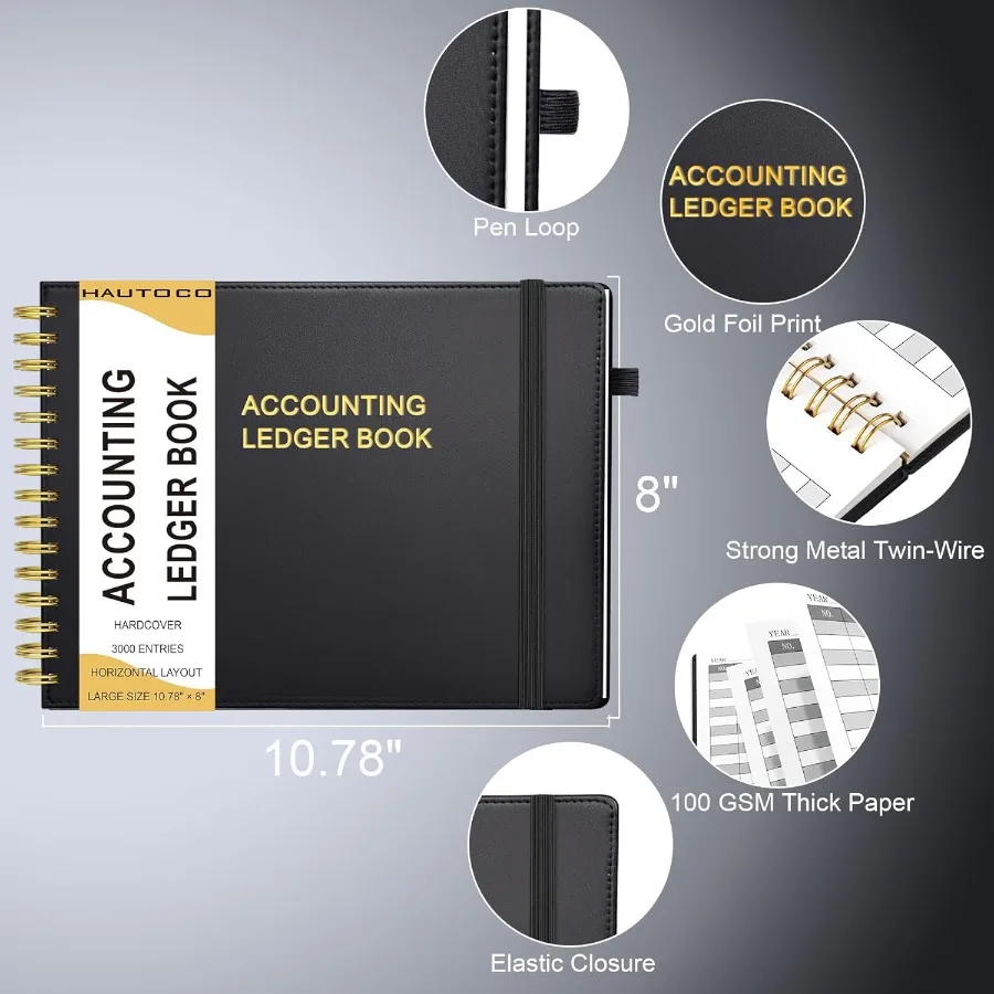 中小企業の会計管理用ハードカバー会計帳簿：2つの収納ポーチ付きの横型お金支出追跡ノート