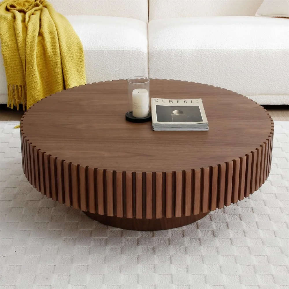 31.49'' Walnut Coffee Table Round Wood Modern Solid Wood Veneer Handcrafted Relief Tea Table with Sturdy Pedestal