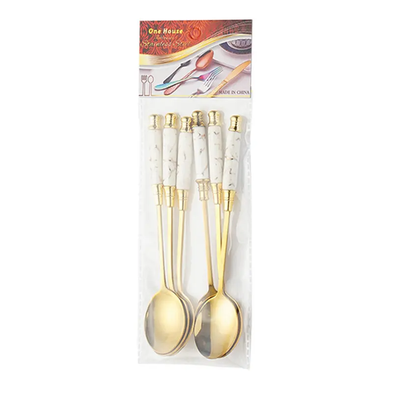 6Pcs/Lot Stainless Steel Dessert Icecream Spoon Nordic Marble Ceramic Long Handle Teaspoon Gold Coffee Cake Milk Spoon Tableware