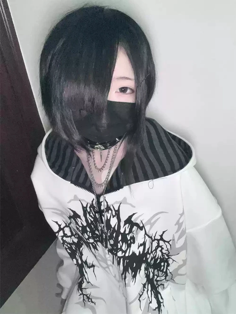 Punk Subculture Hooded Jackets Women Y2k Striped Print Sweatshirts Coats American Vintage Korean Fashion Casual Loose Daily Tops