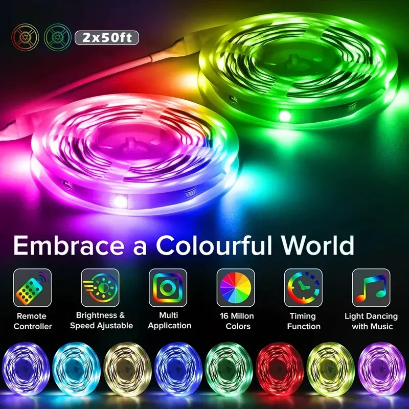 USB RGB LED Strip Bluetooth & Remote Control, 44 Modes Music Sync Millions Gradient Colors Dimmable Bedroom Festival Decor 5050