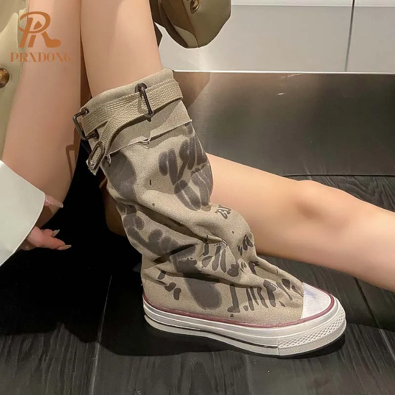 PRXDONG damskie buty 2024 nowa moda jesienna zima buty niskie buty na obcasie Khaki Punk Stykle w stylu Casual, damska do połowy łydki rozmiar butów