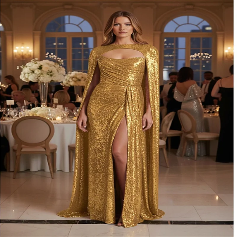 Langes Abendkleid mit Pailletten für Damen, grün, elegante Partykleider 2025, langes Damen-Abschlussballkleid, individuell gestaltet mit Kappe