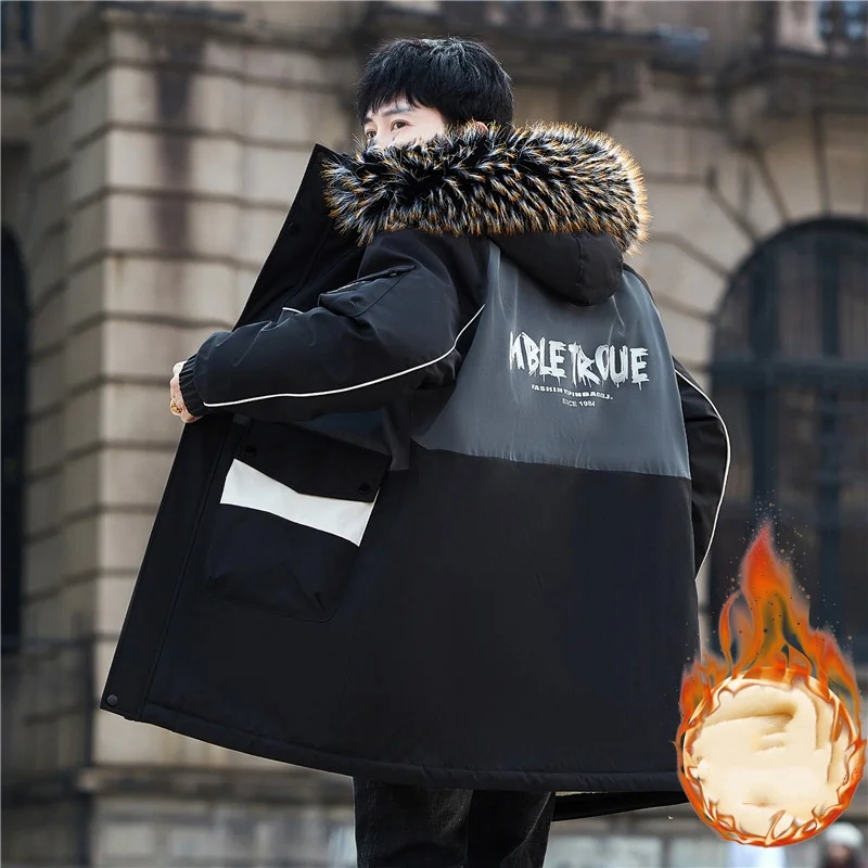 

Мужское утолщенное хлопковое пальто средней длины на флисовой подкладке, мужская хлопковая зимняя одежда с меховым воротником, зимняя парка на флисовой подкладке