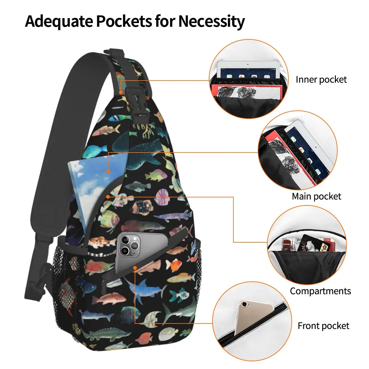 One Hundred Fish Ocean Life Small Sling Bag Chest Crossbody Shoulder Backpack Hiking Travel Daypack Scuba Diving Printed Satchel