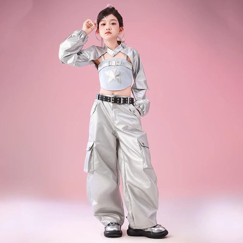 子供ジャズダンス衣装 Kpop ファッションセットガールグループパフォーマンスステージウェアシルバートップルーズパンツトレンディストリートウェア VDL4729