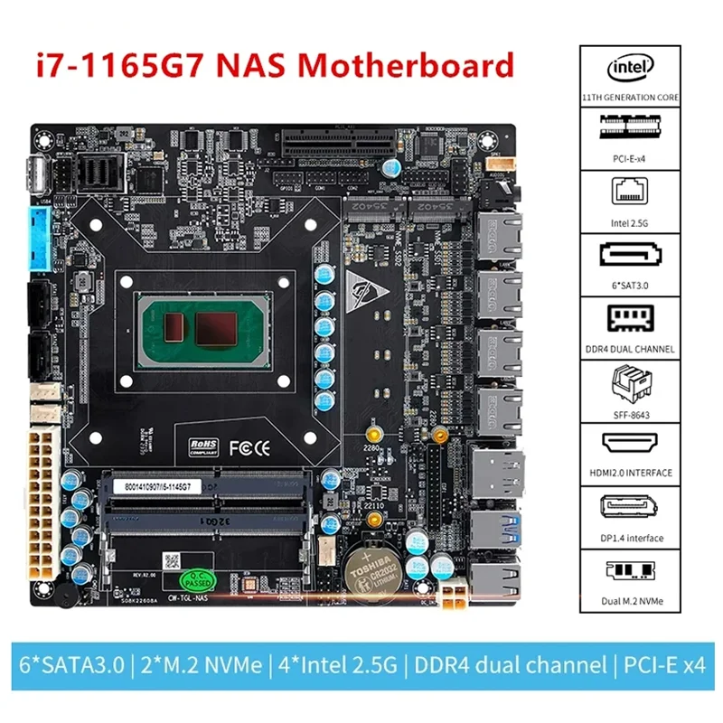 6 Bay NAS Motherboard 11th Gen Intel i7 1165G7 i5 1135G7 i3 1115G4 4x i226 2.5G 6xSATA 2xM.2 NVMe PCIEx4 Mini ITX Firewall Board