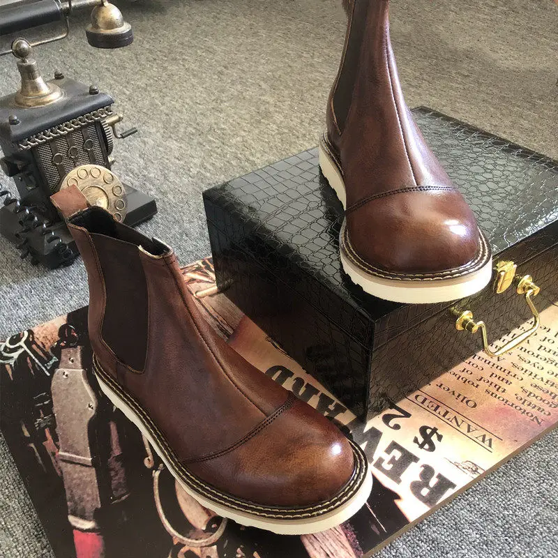

Custom Plus-size American Handmade Cowhide Men Shoes Vintage Chelsea Boots Slip-on Design Knight Boots Safety Shoes