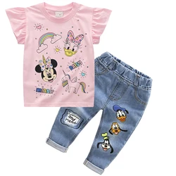 2024 Summer Baby Girls Clothing Set Cartoon Minnie Mouse T-shirt Jeans Pants 2Pcs For 2-6 Years Kids Clothes Child Tracksuit