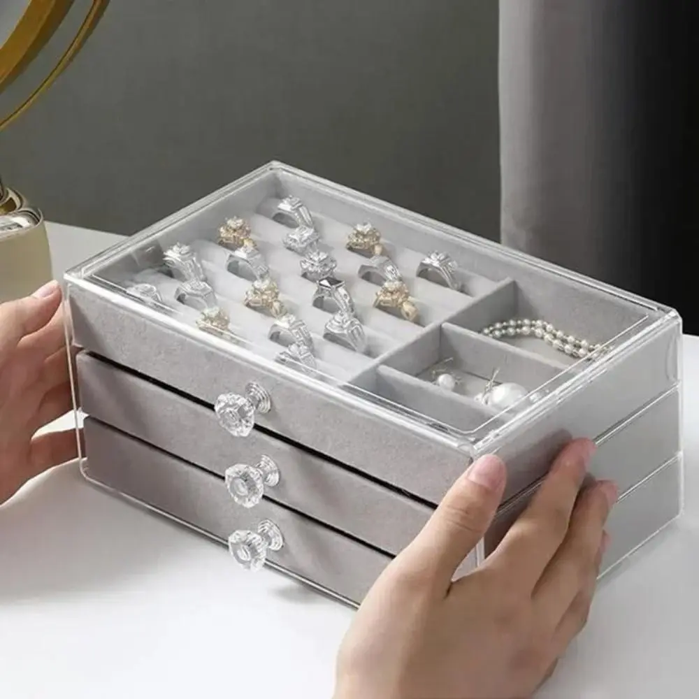 

High-Capacity Flannel Jewelry Box 3-Layer Acrylic Earrings Necklaces Storage Oxidation-resistant Transparent