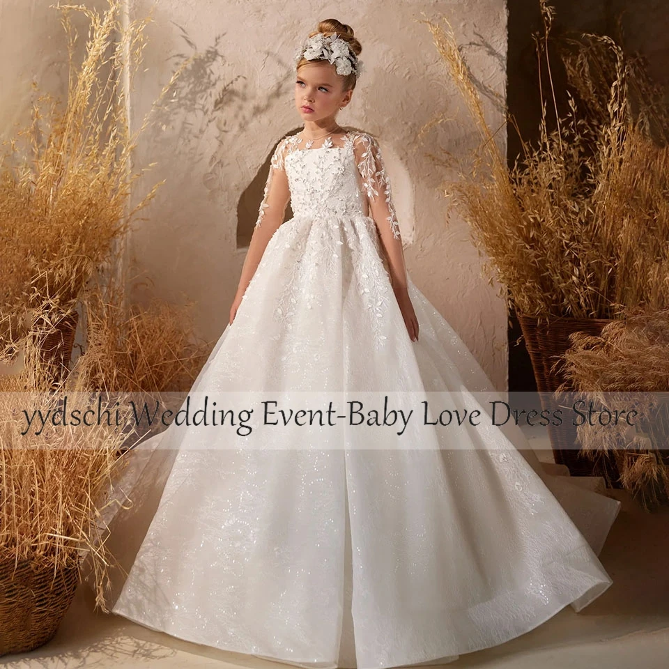 2023 First Communion Fluffy Wedding Flower Girl Dresses Applique Party Dresses Girl Ball Gown Age 2-16 years Sheer Neck Lace Up