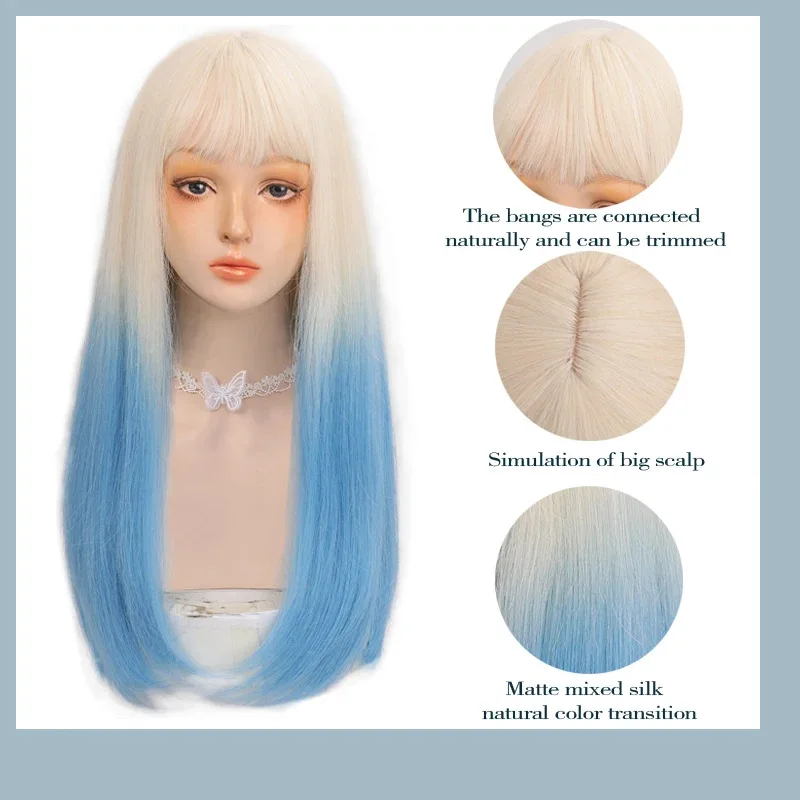 Trendy Pastel Pink Ombre Long Straight Wig | Full Cap Peach Blonde Hairpiece with Blunt Bangs for Teen Girls' Fashion