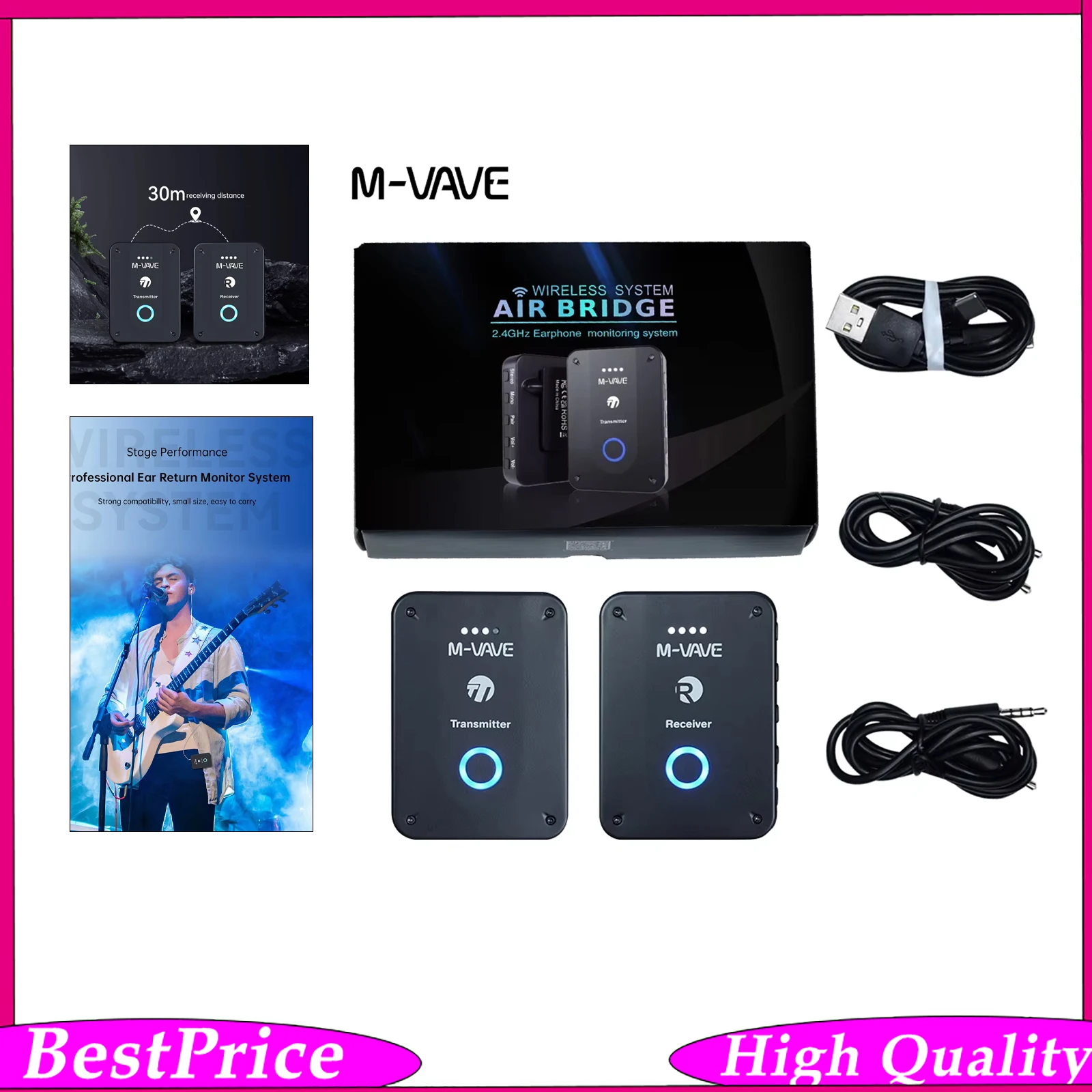 M-VAVE WP-9 Rechargeable Wireless Earphone Monitor Transmitter Multiple Receiver with Volume Support Stereo Mono Mute Function