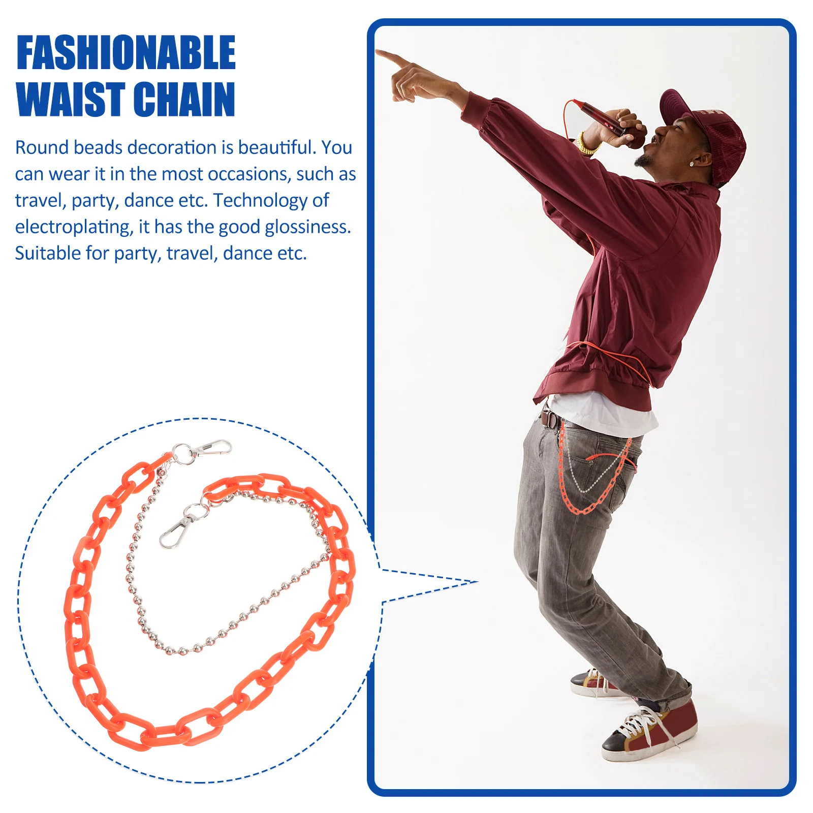 Geometric Body Chain Orange Acrylic Iron Lightweight Durable Smooth Beads Electroplated Metal Waist Chain For