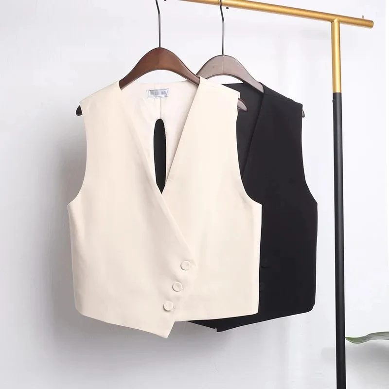 

Korean 2024 New Women's Blazer High End Casual Vest Waistcoat Female Commuting Slimming Collar Less Sleeveless Short Jacket