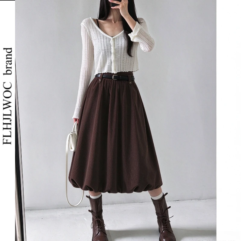 Corduroy Bubble Skirt High Waist Woman Autumn Winter Puffy Midi Skirt with Pockets A Line Flared Skirts With Belt