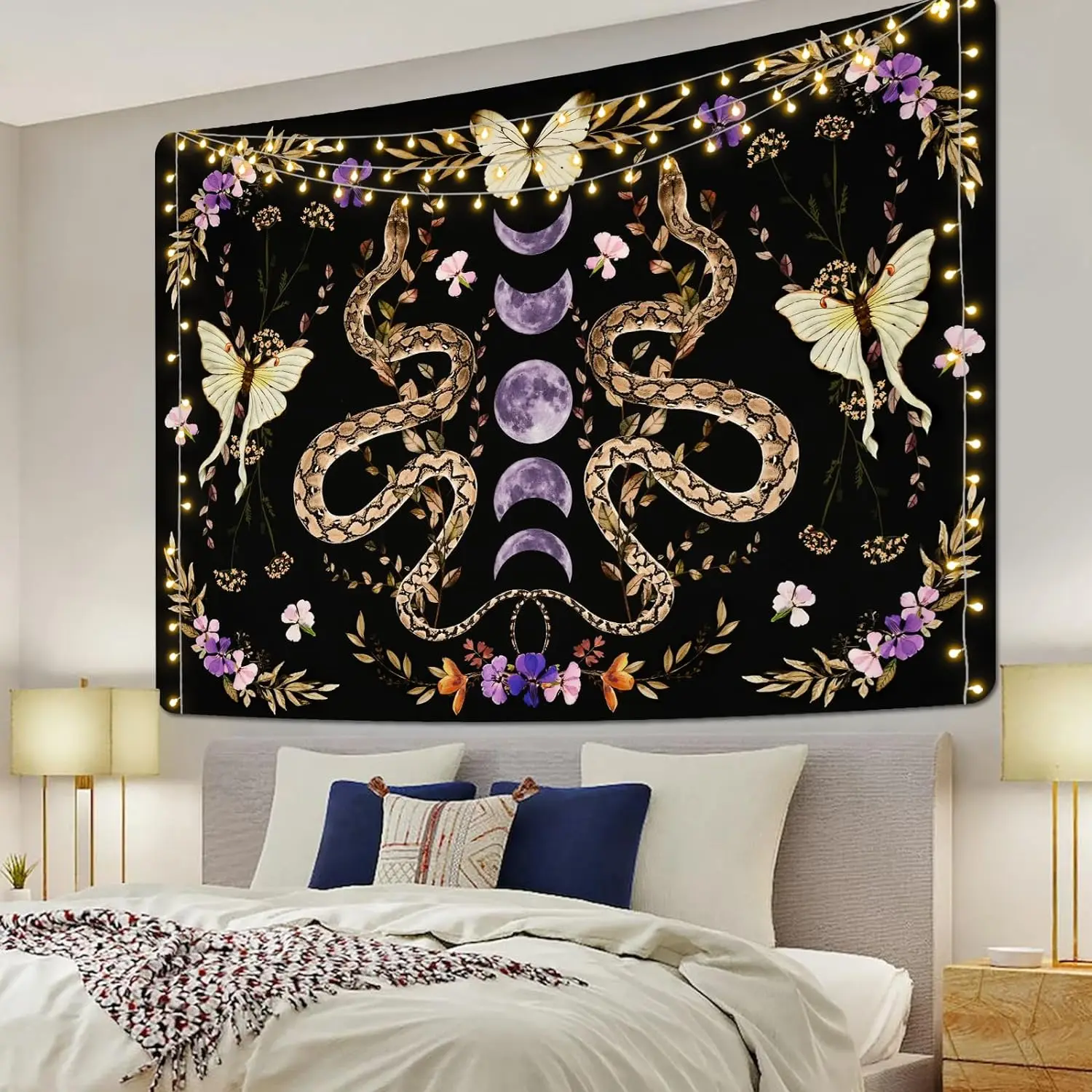 Snake Tapestry Floral Plants Wall Tapestries Moon Phase Boho Mandala  Wall Hanging Large Butterfly for Bedroom Aesthetic Decor