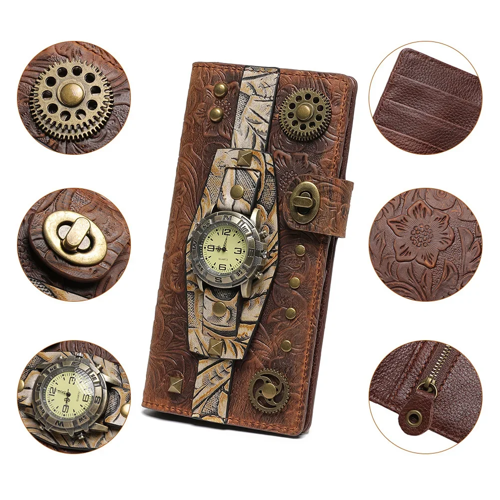 

Amazon new steampunk women's long wallet cowhide retro style hand wallet women's hand grab bag wallet