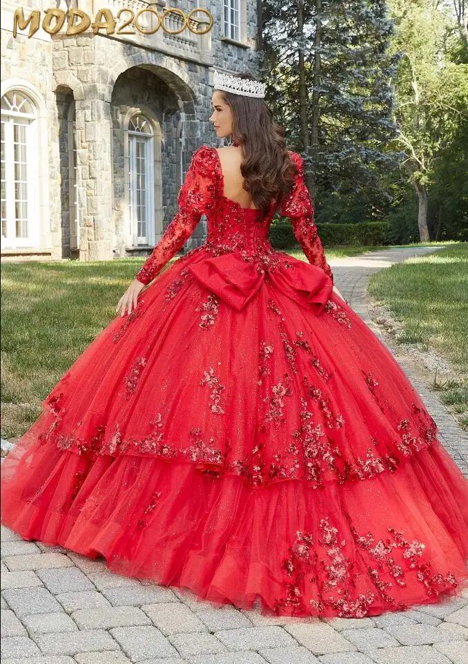 Vestidos de quinceañera de princesa Lila brillante, vestidos de quinceañera con apliques de manga larga de Hada, corsé de lazo grande, 15 quinceañera