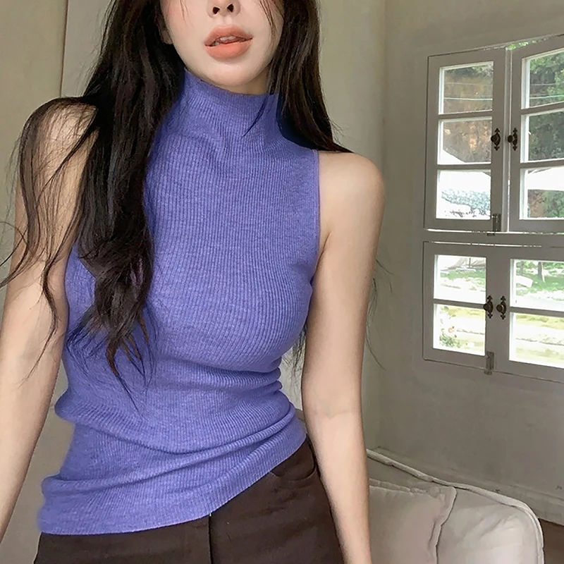 Summer Fashion Turtleneck Knitted Tank Top Women Solid Color Sleeveless Slim Camisole