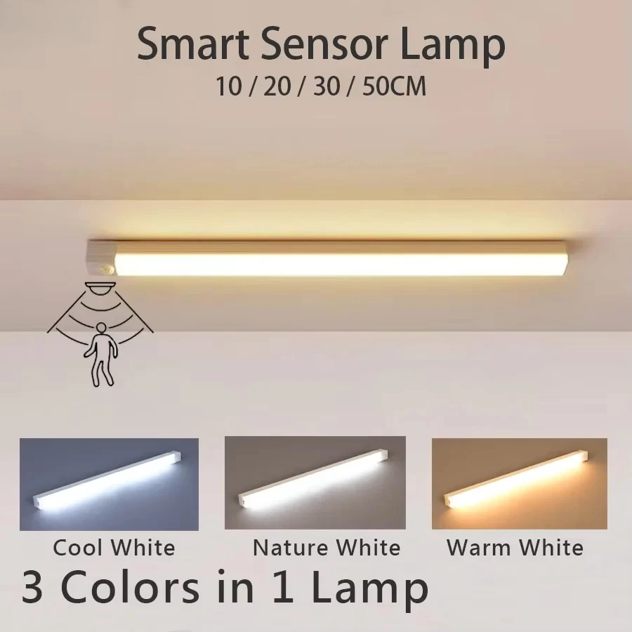 Luz LED com Sensor de Movimento Sem Fio, Recarregável via USB, Lâmpada Noturna Portátil para Armário, Guarda-Roupa e Escadas