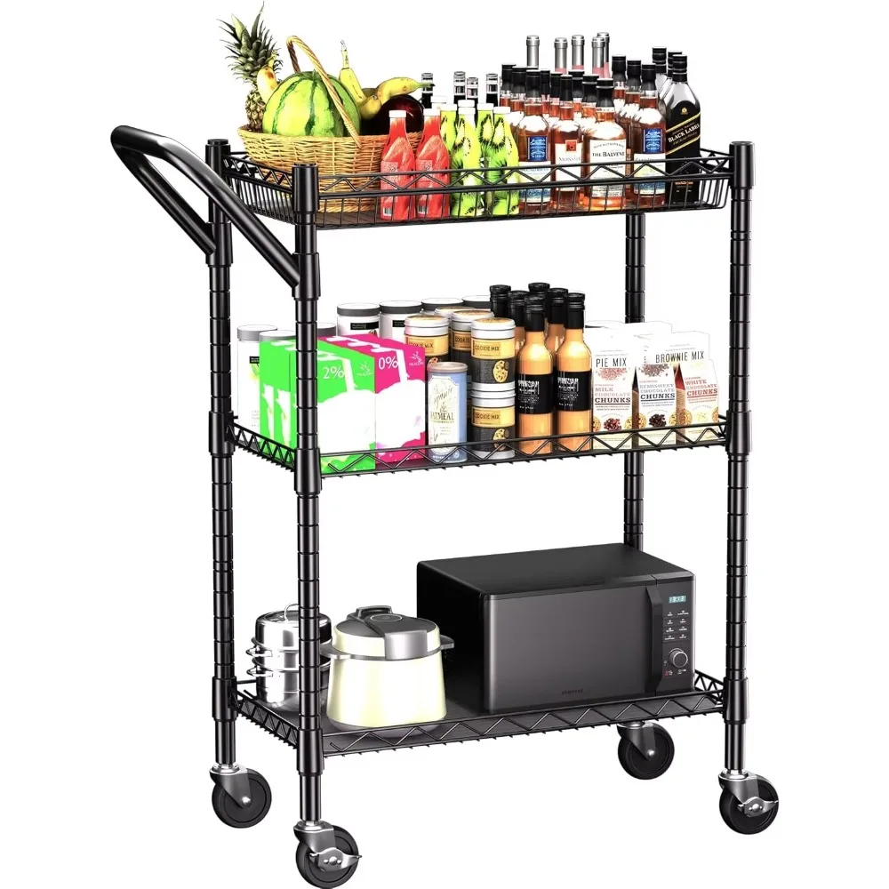 

3 Tier Heavy Duty Rolling Utility Cart 18 D x 23.8" W x 36.6" H Rolling Carts with Wheels Serving Storage Cart for Kitchen Black