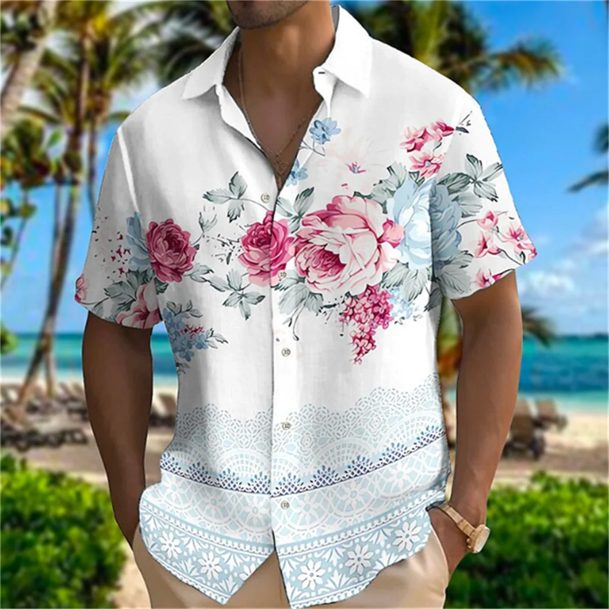 2023 Summer New Feather Printing Fashion Leisure Outdoor Designer Street Men\'s High Quality Button T-shirt Short Sleeve Shirt