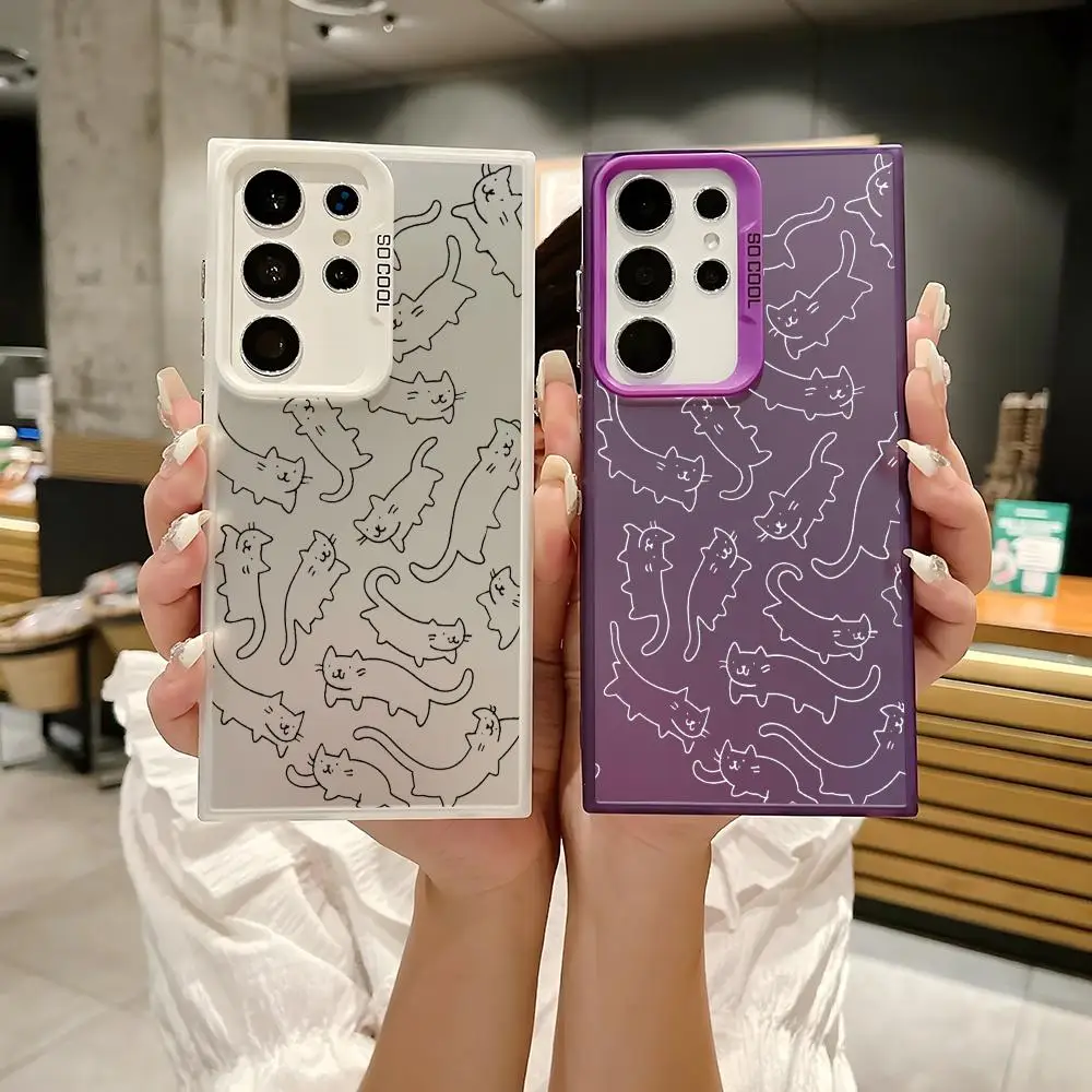 Black And White Cat Lines Phone Case For Samsung Galaxy S25 Edge S24 S23 S22 S21 S20 Ultra Silicone Colorful Silver Phone Case