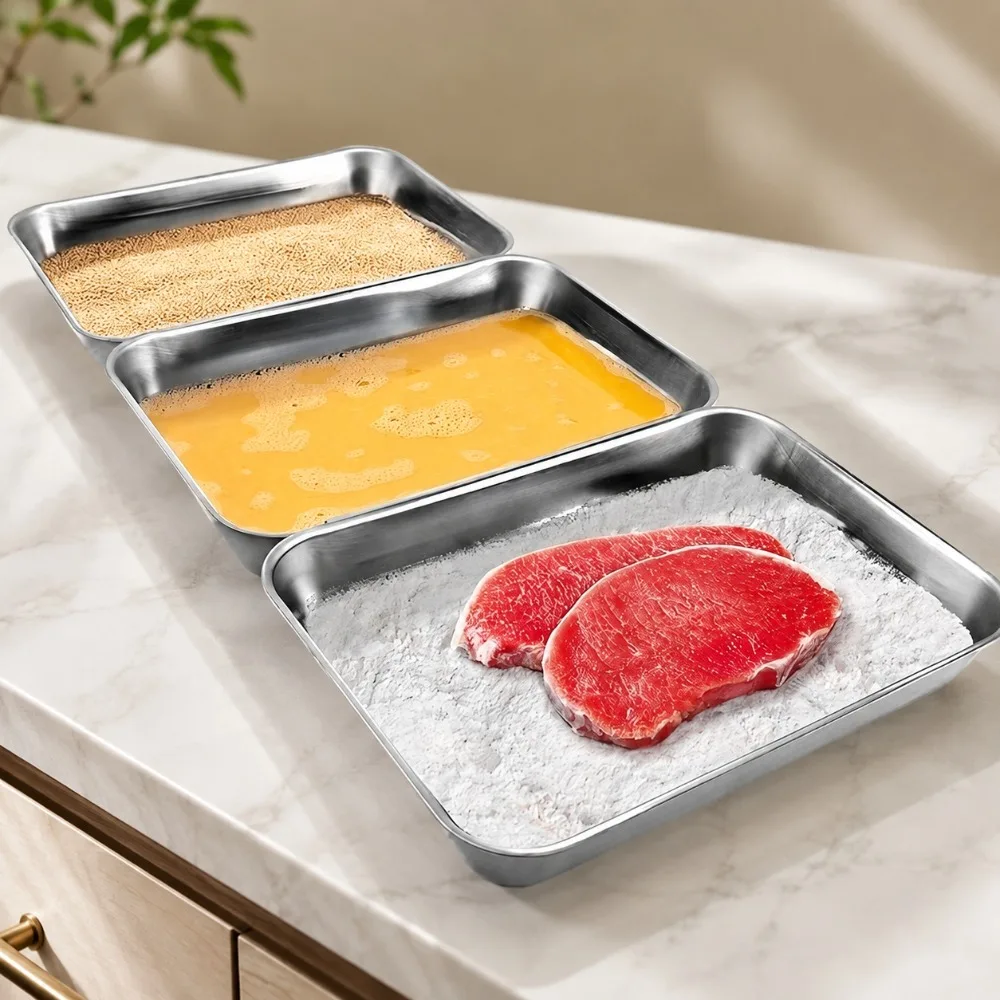 Edelstahl-Panierbehälter-Set ohne Deckel zum Marinieren von Fleisch, Hähnchen, Fisch, Lebensmittelvorbereitung, Beschichtungsschalen, ofenfest, Küchenschalen