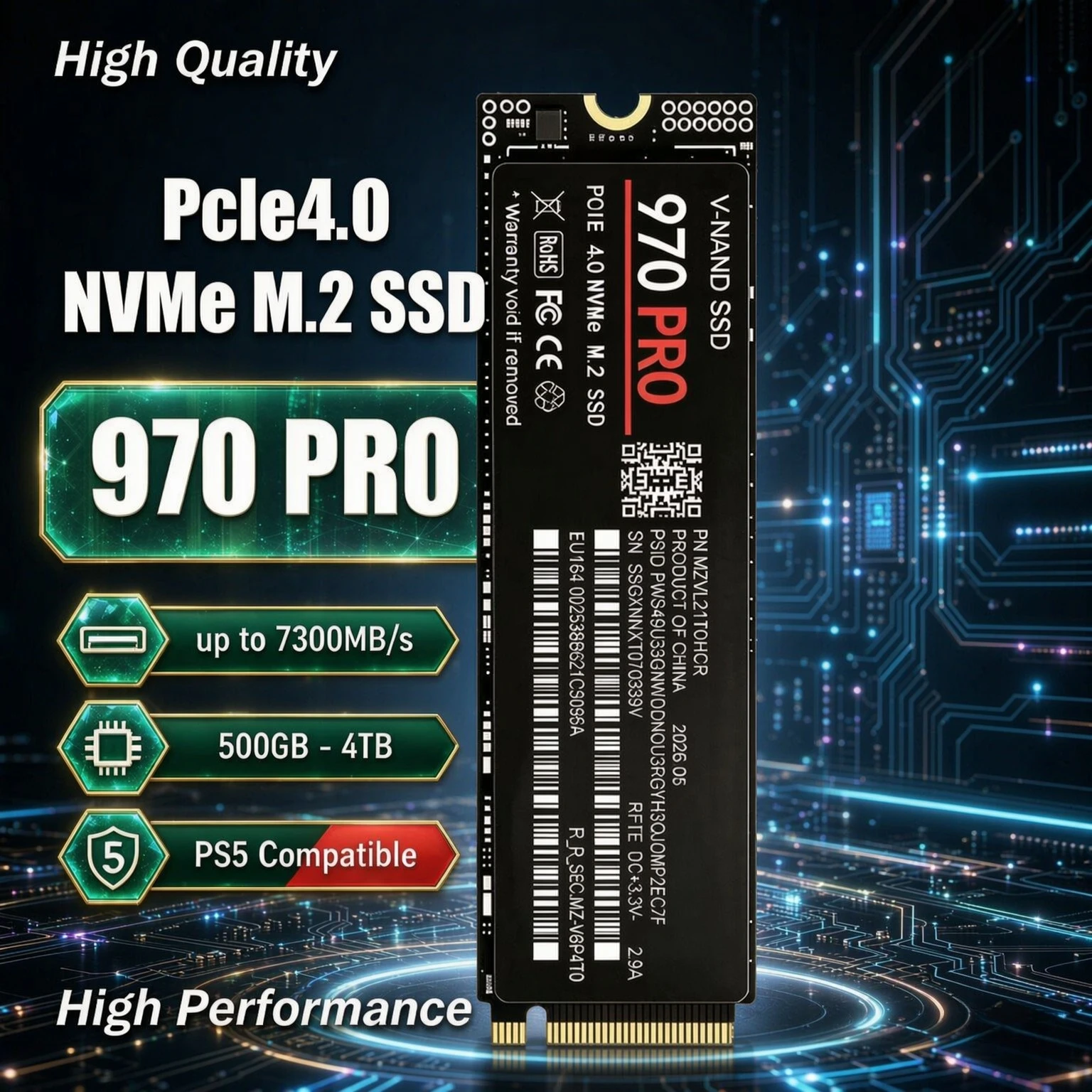 PCIe 4.0 X4 NVMe M.2 2280 SSD 970 PRO Up to 7300MB/s 3D NAND TLC New Low Power Internal Gaming Drive 500GB-4TB for PS5 & PC