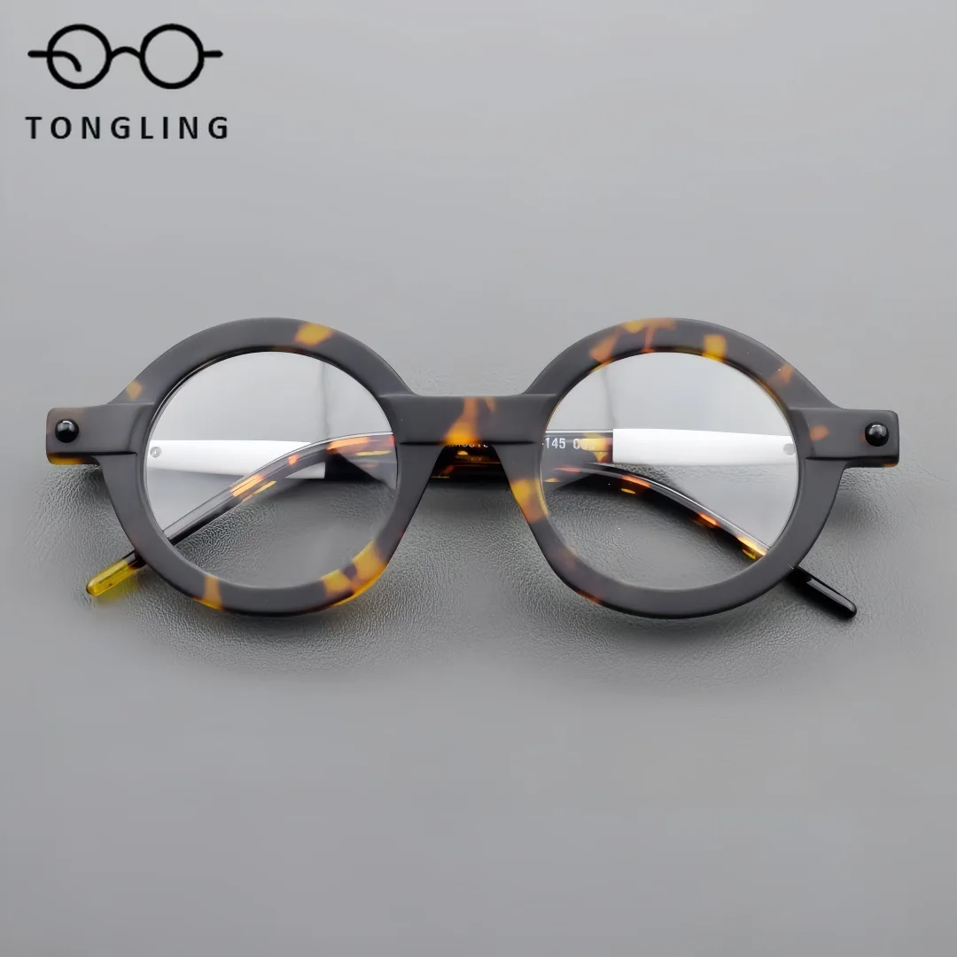 

New Trendy Women Unique High-Quality Acetate Glasses Frame Retro Men Round Thick Mixed Material Fashion Daily Commuter Eyewear