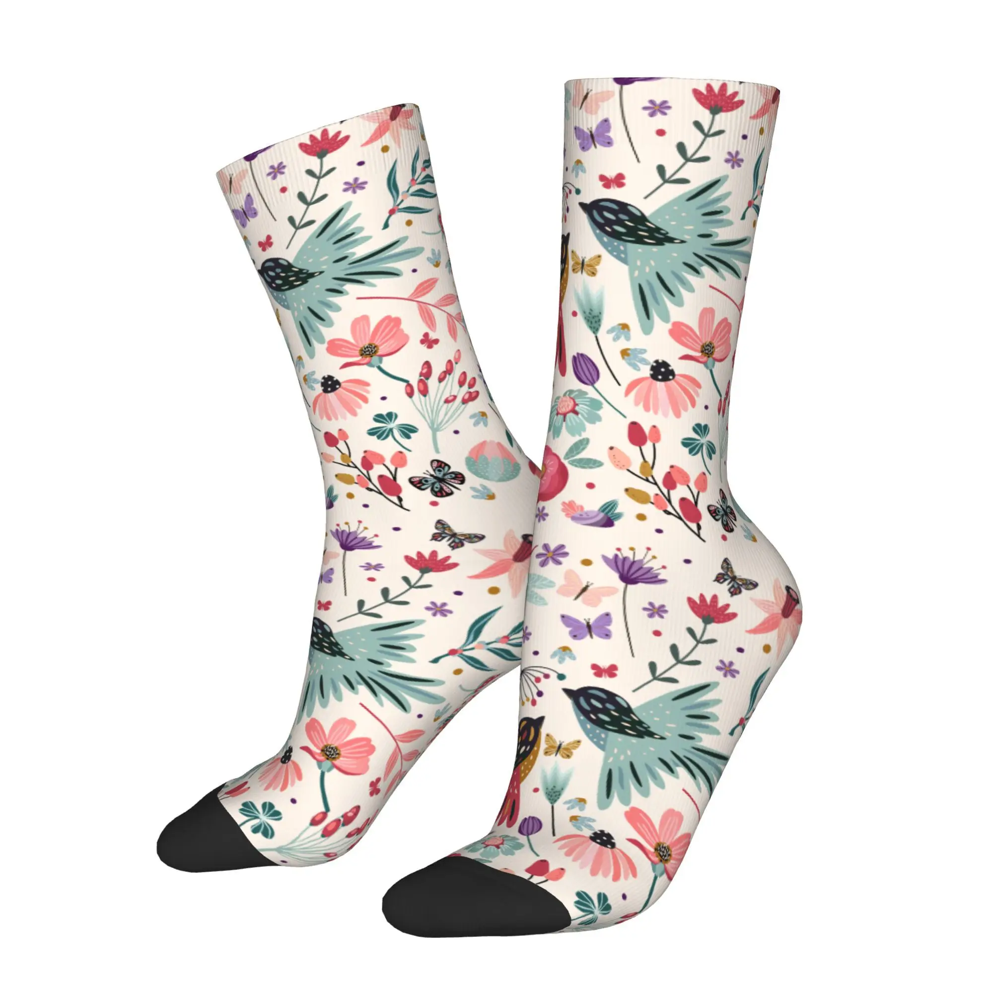 1pc Folk Art Birds and Flowers  Printed Men's Socks Novelty Hip Hop Harajuku Pattern Crew Sock Casual Gift