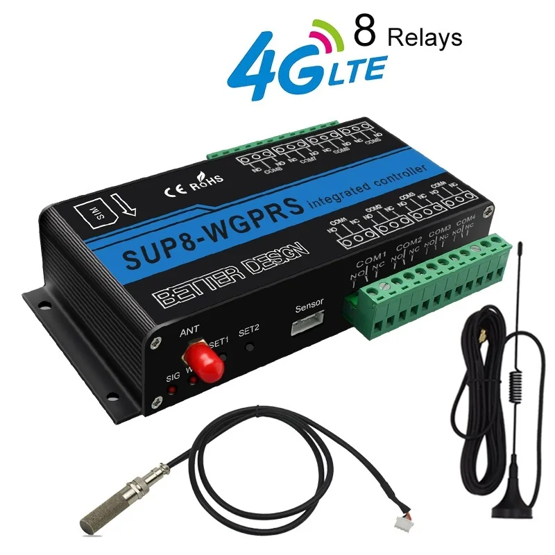 Top SUP8-controlador 4G 3G GSM, relé de 8 canales, interruptor de alimentación remoto, temporizador, Sensor de temperatura y humedad, Control inteligente, aplicación para el hogar, puerta SMS