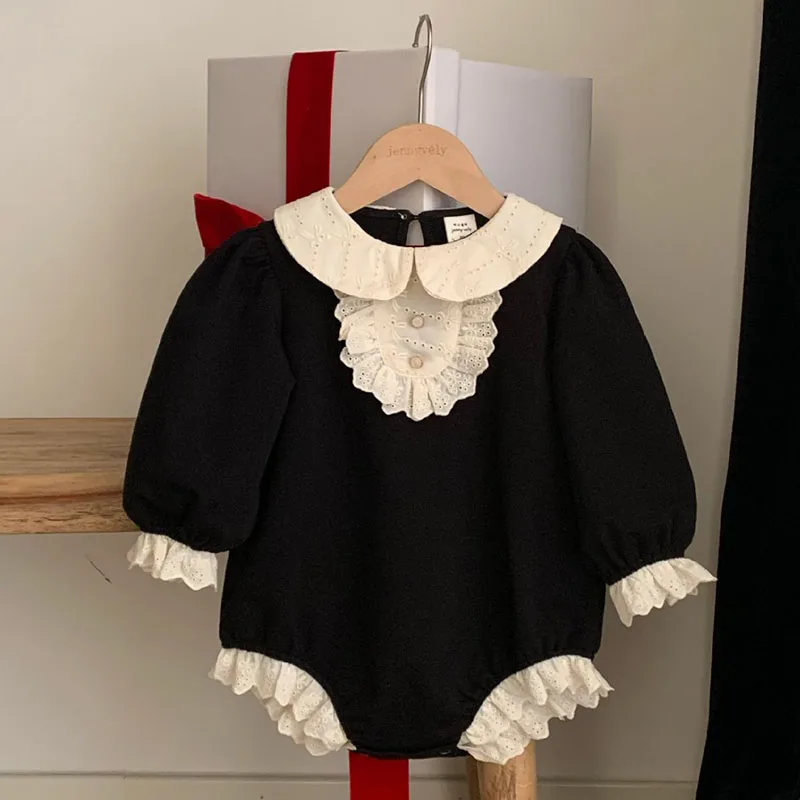

2025 New Spring 0-24M Children Clothes Infant Baby Girl Bodysuits Long Sleeved Cotton Lace Splicing Newborn Baby Girl Jumpsuit