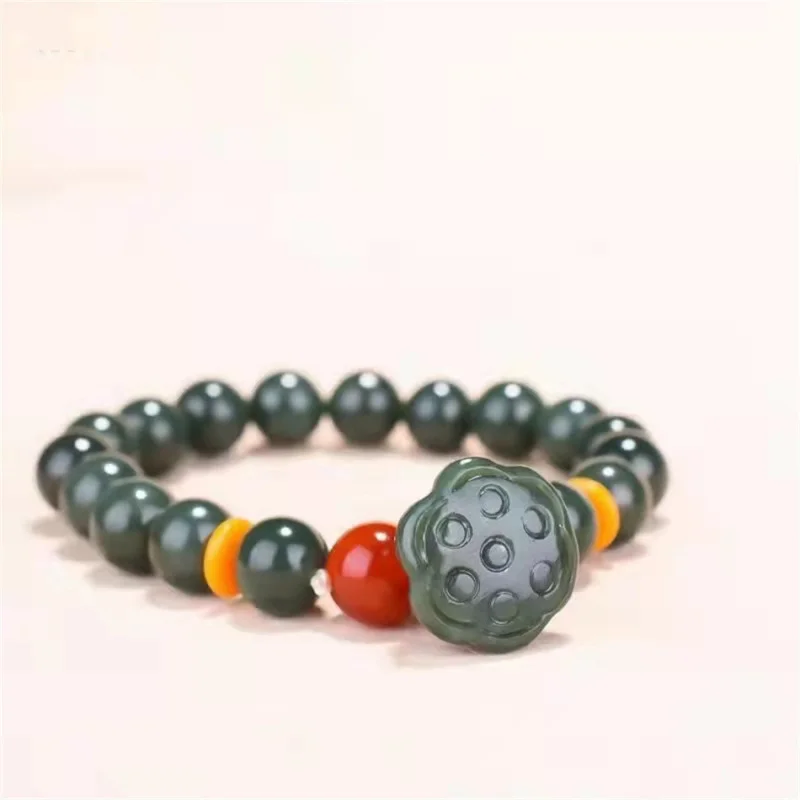 

Hetian Seed Pod Qing Jade Round Bead Bracelet