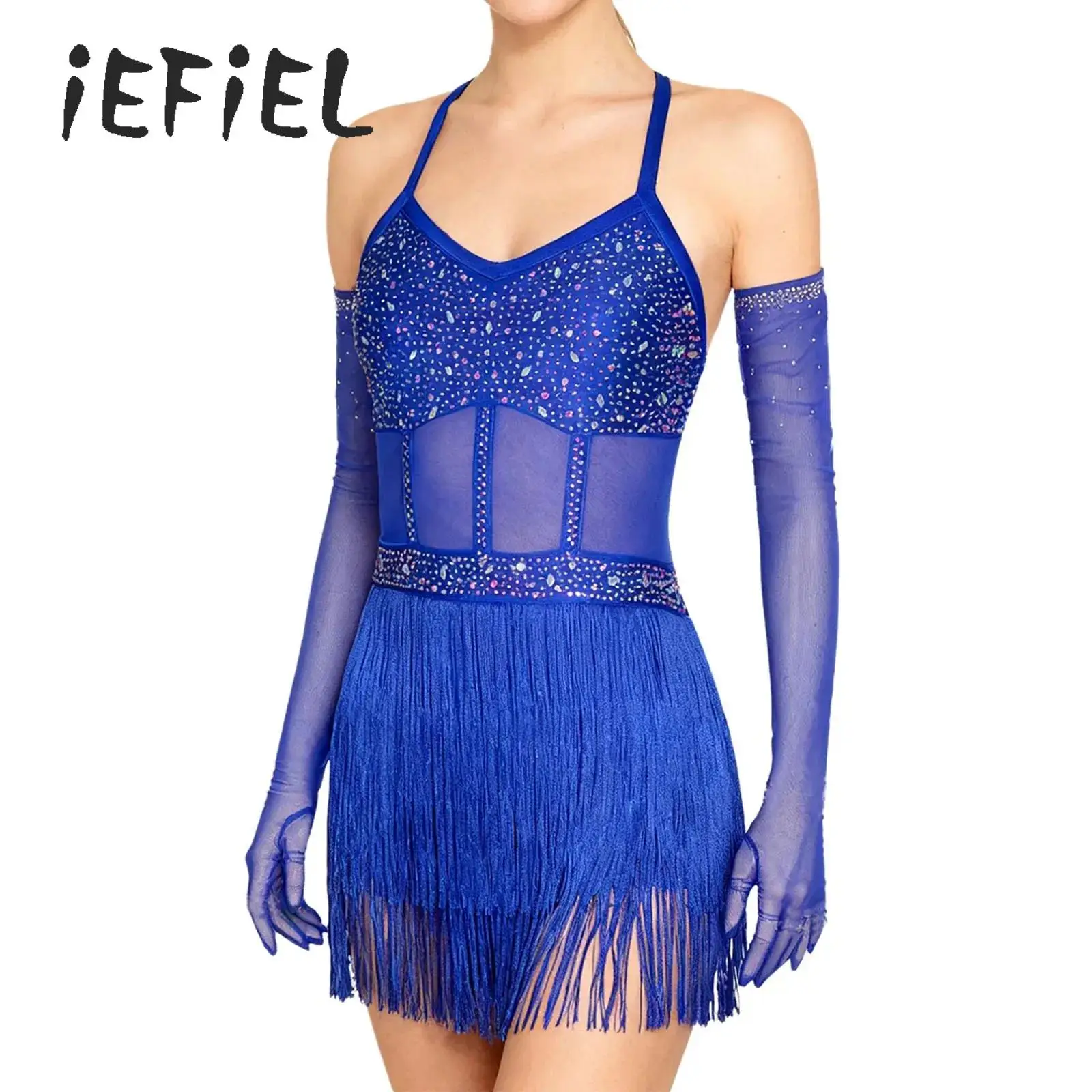

Women Latin Dance Leotard Dress Rhinestone Tassel Bodysuit Set Salsa Skating Cha-cha Samba Tango One Piece Performance Dancewear